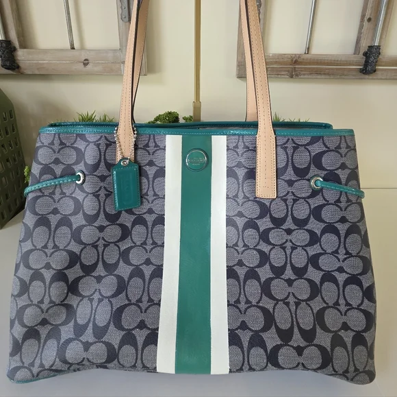 Coach Signature Stripe Large Carryall Tote-Navy Denim Look, Jade Green Stripe - Picture 10 of 16